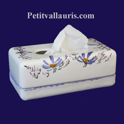 BOITE FAIENCE POUR MOUCHOIRS EN PAPIER DECOR FLEURS BLEUES