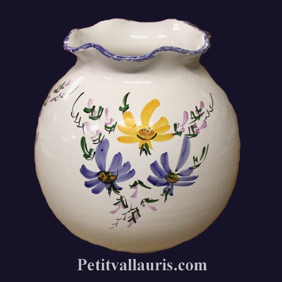 VASE BOULE DENTELLE  DECOR FLEURS JAUNE ET BLEU