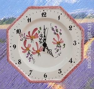 FAIENCE OCTAGONAL WALL CLOCK PINK FLOWER PAINT