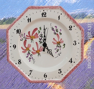 HORLOGE OCTOGONALE FAIENCE DECOR FLEURS ROSE