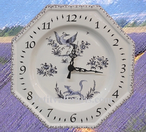 FAIENCE OCTAGONAL WALL CLOCK BLUE MOUSTIERS DECORATION TRAD.