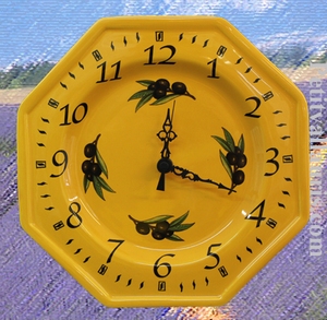 HORLOGE OCTOGONALE DECOR JAUNE PROVENCE ET OLIVES NOIRES