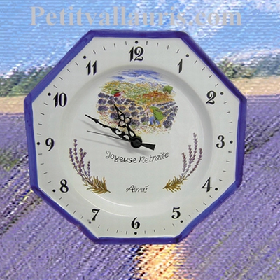 FAIENCE OCTAGONAL CLOCK  DECORATION LAVENDERS PICKING