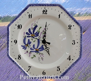 FAIENCE WALL CLOCK OCTAGONAL BLUE FLOWERS DECORATION