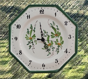 FAIENCE OCTAGONAL WALL CLOCK GREEN FLOWERS PAINT