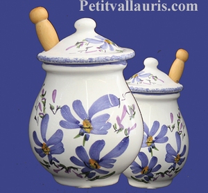 POT A MOUTARDE JARRE DECOR FLEURI BLEU