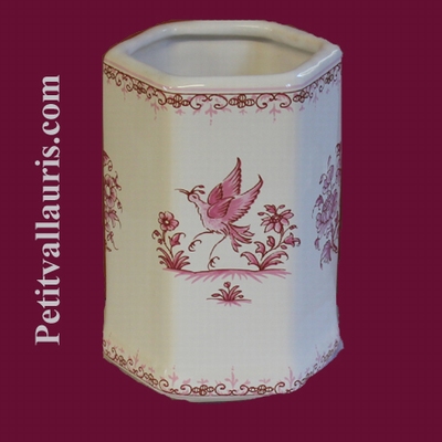 TUBE-POT HEXAGONAL DECOR TRADITION VIEUX MOUSTIERS ROSE