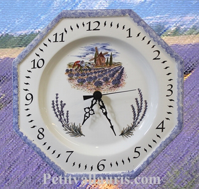 HORLOGE OCTOGONALE EN FAIENCE DECOR MOULIN ET LAVANDES