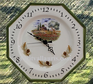 HORLOGE FAIENCE OCTOGONALE DECOR CHAMP COQUELICOTS BORD VERT