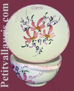 BOWL WITH HANDLES AND CUP PLATE PINK FLOWER DECORATION