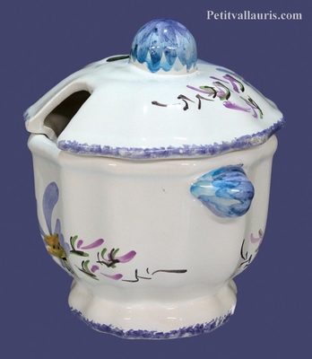 SUCRIER-CONFITURIER EN FAIENCE AU DECOR FLEURS BLEUES