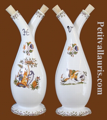 FAIENCE OIL AND VINEGAR BOTTLE OLD MOUSTIERS TRADITION DECOR