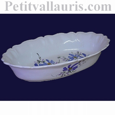 CERAMIC OVAL BASKET FOR BROAD OR FRUITS BLUE FLOWERS DECOR