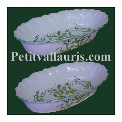 CERAMIC OVAL BASKET FOR BROAD OR FRUITS GREEN FLOWERS DECOR