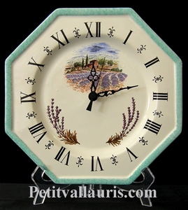 HORLOGE OCTOGONALE FAIENCE PAYSAGE LAVANDES BORD TURQUOISE