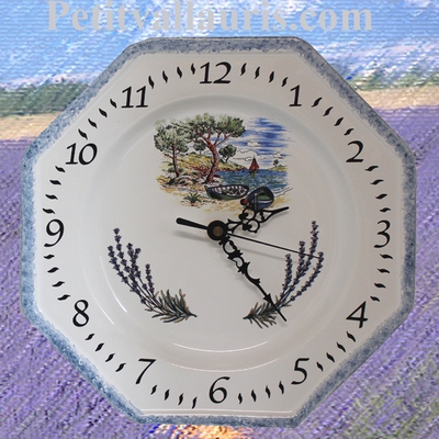 HORLOGE FAIENCE OCTOGONALE DECOR CALANQUES ET LAVANDES