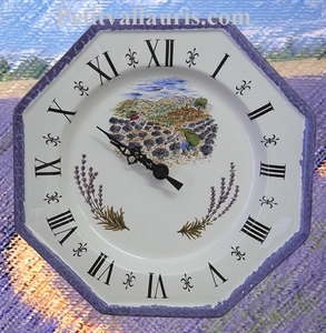 FAIENCE OCTAGONAL CLOCK  DECORATION LAVENDERS PICKING (CR)