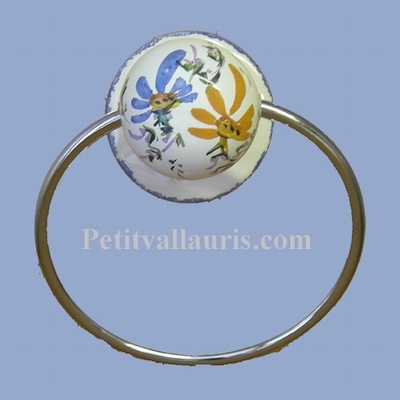 PORTE SERVIETTE MURAL FLEURS BLEUES ET ORANGE (ANNEAU METAL)