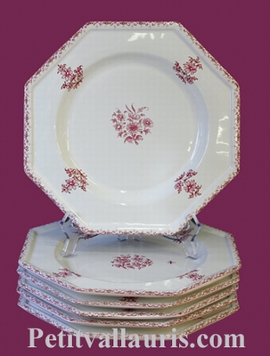 ASSIETTE OCTOGONALE PLATE FLEURS TRADITION MOUSTIERS ROSE