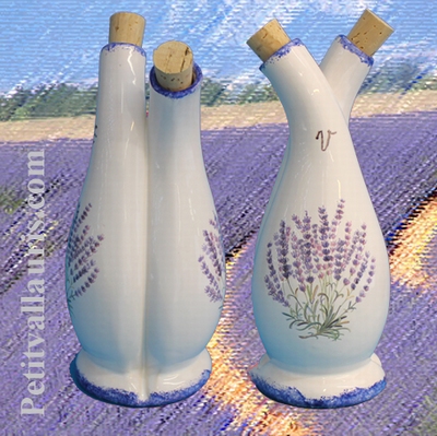 FAIENCE OIL AND VINEGAR BOTTLE WITH LAVANDER BRANCH DECOR