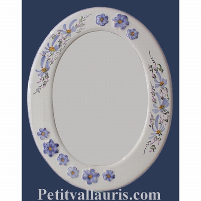 MIROIR CADRE OVALE DECOR FLEURS BLEUES ET MARGUERITES RELIEF