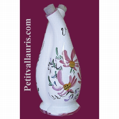 FAIENCE OIL AND VINEGAR BOTTLE PINK FLOWER DECORATION