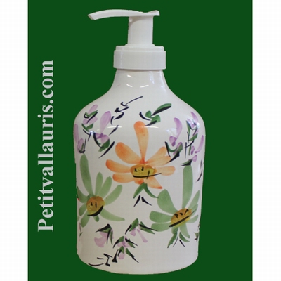 DISTRIBUTEUR DE SAVON LIQUIDE DECOR FLEURS VERTES ET ORANGES