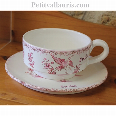 LARGE CUP AND UNDER PLATE OLD PINK TRADITION MOUSTIERS DECOR