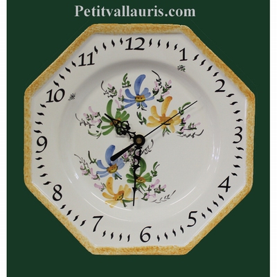 HORLOGE OCTOGONALE FAIENCE DECOR FLEURS VERTES,BLEUES,JAUNES