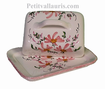 CERAMIC BUTTER BOX WITH PINK FLOWERS DECORATION