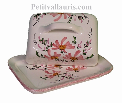 BEURRIER EN CERAMIQUE  DECOR FLEURS ROSES