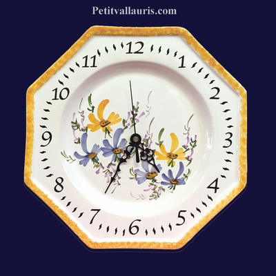 FAIENCE OCTAGONAL WALL CLOCK GREEN,BLUE AND YELLOW FLOWERS