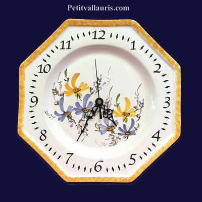 HORLOGE OCTOGONALE FAIENCE DECOR FLEURS VERTES,BLEUES,JAUNES