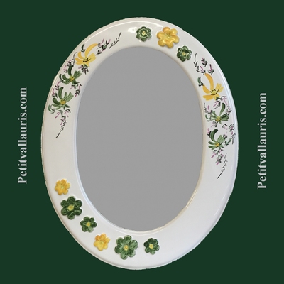 MIROIR OVALE DECOR FLEURS VERTES & JAUNES MARGUERITES RELIEF