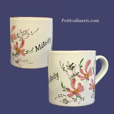 CERAMIC MUG WITH CUSTOMIZED NAME PINK FLOWER COLOR