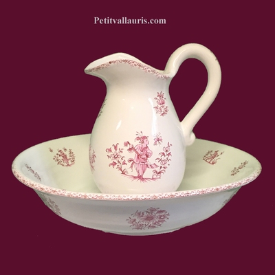 PITCHER AND BOWL FOR TOILET MOUSTIERS PINK TRADITION DECOR