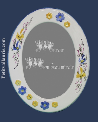 MIROIR CADRE OVALE DECOR MARGUERITES RELIEF BLEUES ET JAUNES