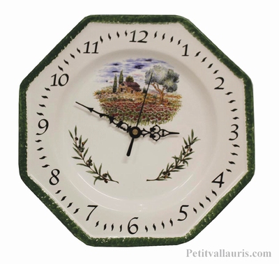 HORLOGE FAIENCE OCTOGONALE DECOR CHAMPS COQUELICOTS + OLIVES