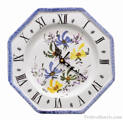 HORLOGE OCTOGONALE FAIENCE DECOR 3 FLEURS BORD BLEU