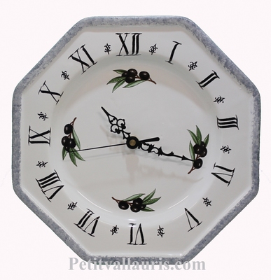 HORLOGE EN CERAMIQUE OCTOGONALE+ OLIVES NOIRES BORD GRIS