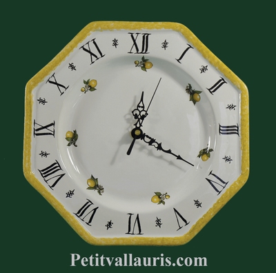 HORLOGE MURALE OCTOGONALE EN FAIENCE DECOR CITRONS