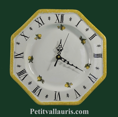 HORLOGE MURALE OCTOGONALE EN FAIENCE DECOR CITRONS