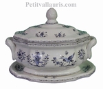 SOUPIERE OCTOGONALE AVEC PLAT DECOR TRADITION MOUSTIERS BLEU