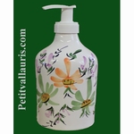 DISTRIBUTEUR DE SAVON LIQUIDE DECOR FLEURS VERTES ET ORANGES 