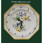 HORLOGE OCTOGONALE FAIENCE DECOR FLEURS VERTES,BLEUES,JAUNES 