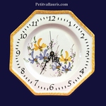 FAIENCE OCTAGONAL WALL CLOCK GREEN,BLUE AND YELLOW FLOWERS