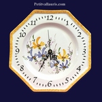 HORLOGE OCTOGONALE FAIENCE DECOR FLEURS VERTES,BLEUES,JAUNES 